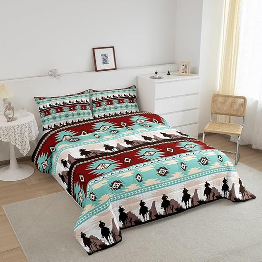 Feelyou Boho Comforter Set Full Size Horses Comforter Southwestern Native Aztec Bedding Set Farmhouse Wildlife Duvet Set Room Decor Light Blue Quilt Set