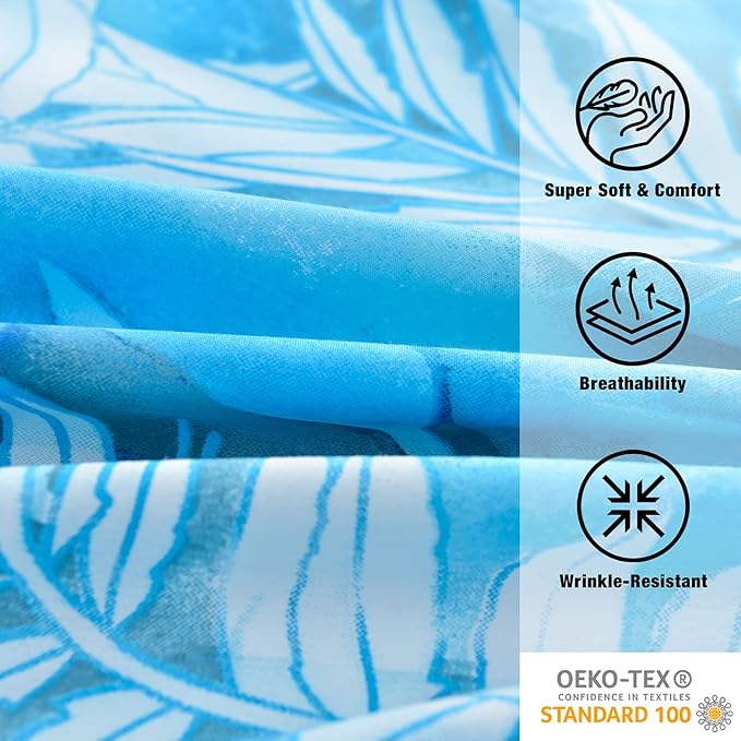 JSD Blue Tropical Leaves Print Sheet Set King, 4 Piece Soft Botanical Microfiber Bed Sheets Extra Deep Pocket