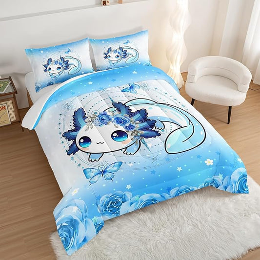 Cartoon Axolotl Bedding Comforter Set King Size, Cute Ocean Animal for Kids Girls Room Decor, Blue With Butterfly Flowers and 2 Pillowcases