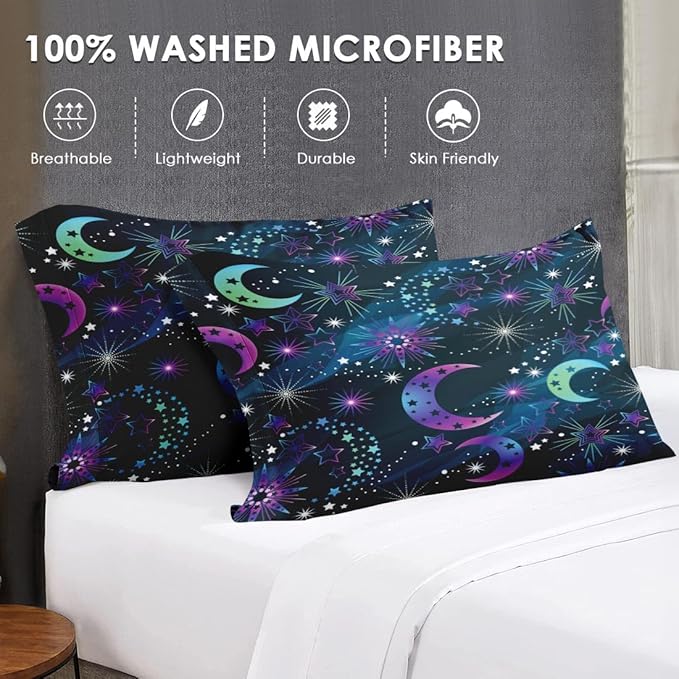 Full Size Comforter Set with 2 Pillowcases, Moon Neon Galaxy Kids Rainbow Soft 3 Pcs Bedding for Kids and Adults Bedroom Bed Decor