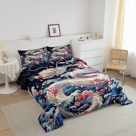 Dragon Bedding Set Full Size,Pink Cherry Blossom Japanese Ukiyoe Comforter Set 3Pcs,Kids Girls Boys Teens Home Decor,Ocean Sea Wave Quilt Set Western Wildlife White Dragon Duvet Insert,2 Pillowcases