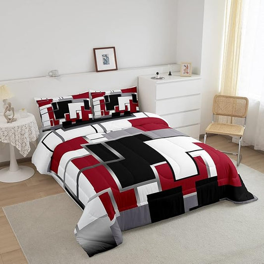 Erosebridal Modern Queen Comforter Set,Black White Red Bedding Set for Teens Youth Adult,Geometric Plaid Square Quilt Set,Contemporary Artwork Duvet Insert with 2 Pillowcases