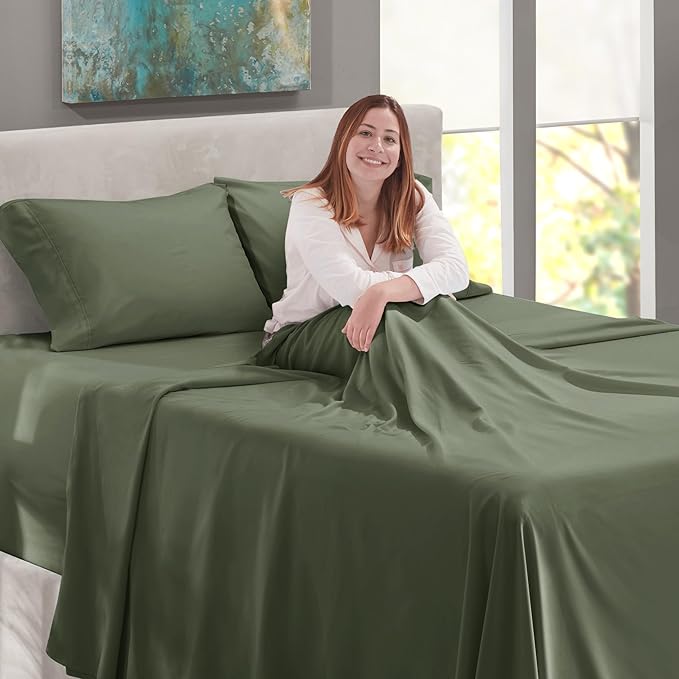 Nestl Twin Size Sheet Set, 4 Piece Extra Deep Pocket (18-24 inches), Microfiber, Hotel Luxury, Soft, Breathable, Wrinkle-Free, Easy to Care, Olive Green