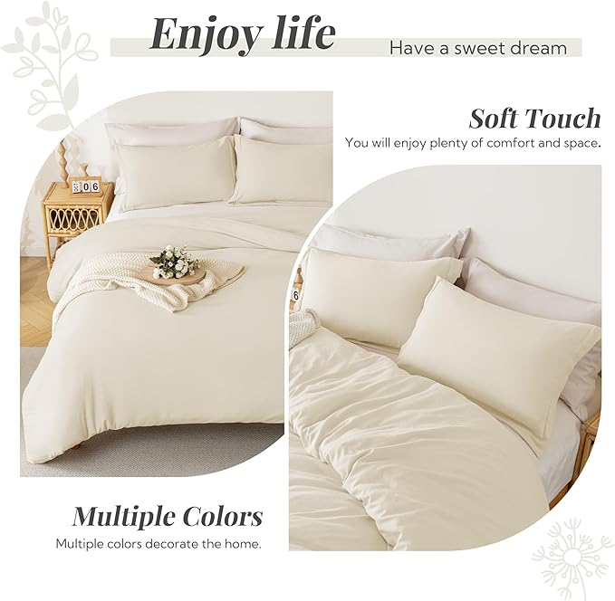 MILDLY Super Soft Duvet Cover - 100% Washed Microfiber Beige Comforter Cover Set 3 Pieces with Zipper Closure & Corner Ties (No Comforter) (No Comforter)