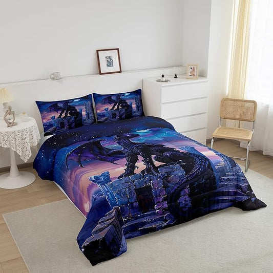 Feelyou Dragon Comforter Set King Size Moon Light Dragon Comforter for Boys Girls Teens Gothic Bedding Set Wildlife Duvet Set Room Decor Acid Blue Quilt Set