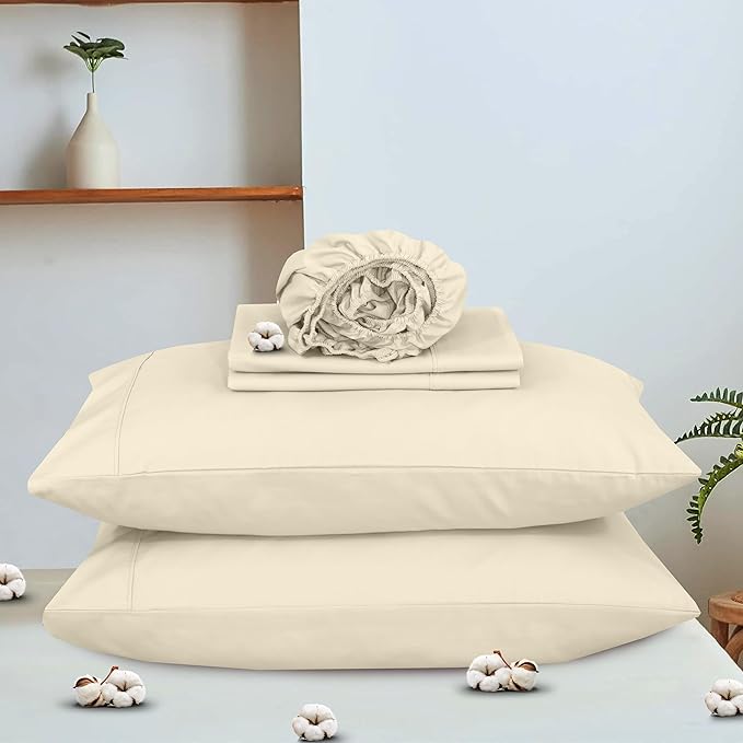 RUVANTI 100% Organic Cotton Sheets Queen Size, Percale Weave, GOTS Certified, 4-Piece Set, Deep Pocket 15", Crisp & Breathable, Soft Durable Bedding, Sábanas Algodón Orgánico – Cloud Cream