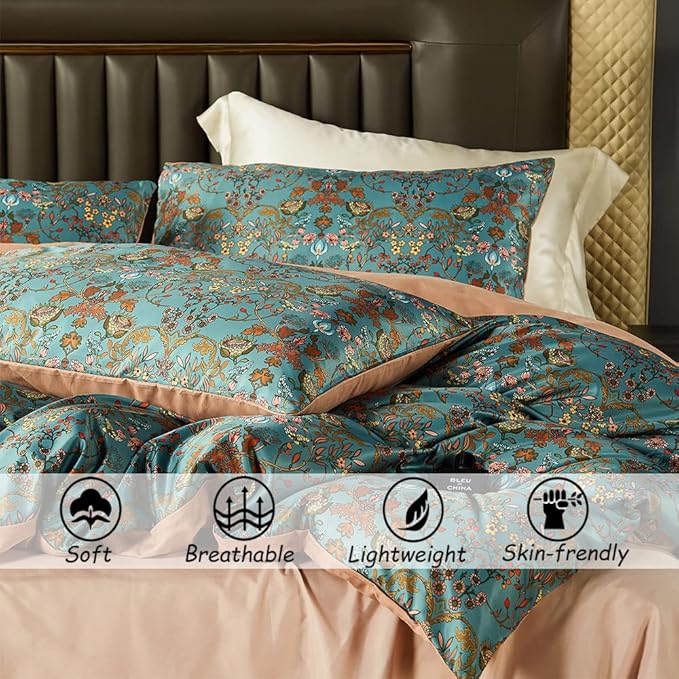 Vintage Style Duvet Cover Set,5 PCS Boho Comforter Cover Set,Paisley Floral Bedding Set,Green Floral Duvet Cover,Queen Duvet Cover,Soft Reversible Design(Autumn,Queen)
