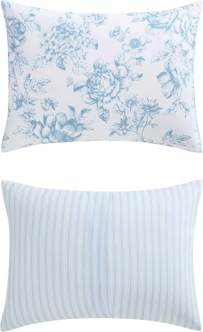 Laura Ashley - Queen Comforter Set, Soft & Reversible Floral Bedding with Bonus Bed Sheets & Pillowcases, 7 Piece Bed Set for Year Round Comfort (Delphine Saras/Sprig Blue)