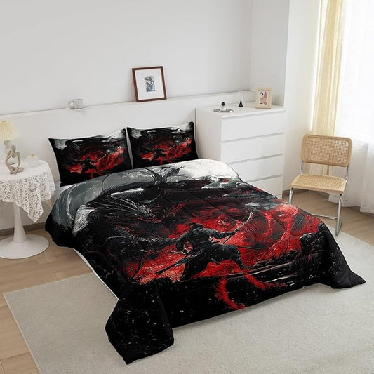 Feelyou Dragon Comforter Set Toddler Size Japanese Style Comforter for Boys Girls Teens Samurai Bedding Set Dragon Decor Duvet Set Room Decor Black Red Quilt Set