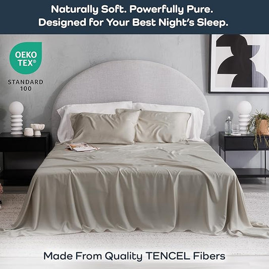Olive + Crate Tencel Lyocell Eucalyptus Sheets King Size - Cooling Tencel Sheets for Hot Sleepers with 18 Inch Deep Pocket Fit - Taupe Sand 4-Piece Set