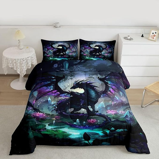 Feelyou Dragon Comforter Set Queen Size Dragon Stuff Bedding Set for Kids Boys Girls Wild Life Duvet Quilt Magic Wildlife Bedroom Decor Black Purplish 3 Pcs with 2 Pillow Cases