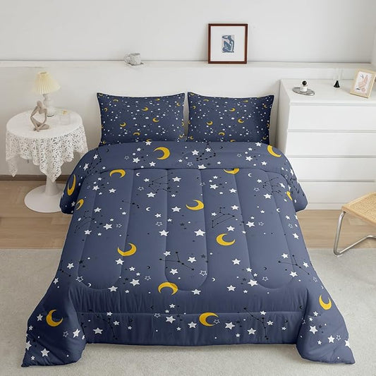 Erosebridal Stars Constellation Kids Bedding Navy Blue Grey Galaxy Space Twin Comforter Set for Boys Girls Moon Zodiac Print Bedding Comforter Sets, Cartoon Style Quilt 2Pcs, 1 Comforter 1 Pillowcase