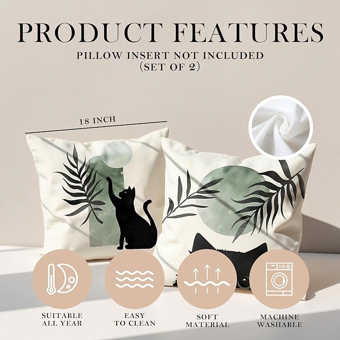 Sage Green Cat Throw Pillow Covers 18x18 Set of 2, for Cat Lovers,Boho Black Cat Pillowcases, Aesthetic Green and Black Decor for Dorm Bedroom Office