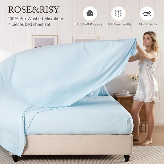 ROSE&RISY Baby Blue Sheets Twin Sheet Set, Pre-Washed Brushed Cotton-Like Microfiber, 3 Pcs Soft Breathable Sheet Set Twin,Fade Resistant, Includes 1 Fitted, 1 Flat, 1 Pillowcases (Baby Blue, Twin)