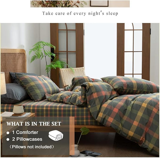 VM VOUGEMARKET Gingham Comforter Set Full Multi-Color Plaid Grid Comforter with 2 Pillowcases Modern Simple Style Bedding Set for All Seasons-80 x90
