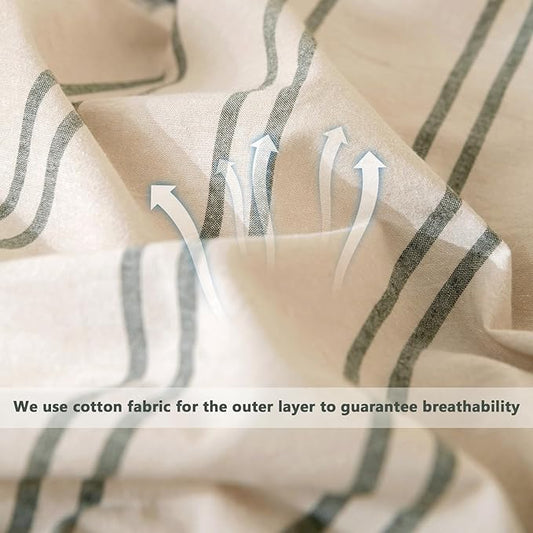 VM VOUGEMARKET Striped Comforter Set Twin XL Vertical Green Stripes Bedding Comforter with 2 Pillowcases Modern Cozy Lightweight Beige Comforter Set for Boys Students