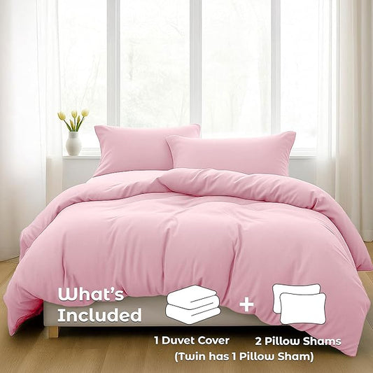 Pure Bedding Duvet Cover Full Size - 3 Pieces Extra Soft Bedding Set, Includes 1 Duvet Cover 80x90 Inches with Zipper Closure & 2 Pillow Shams, Comforter Not Included, Baby Pink