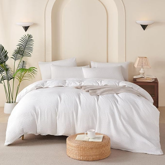 Queen Comforter Set Striped White - Soft Luxury Washed Microfiber Jacquard 3 Pieces Bedding Set for All-Season with 2 Pillowcases, Breathable Durable Comfy