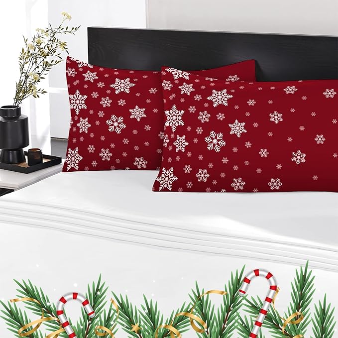 YIYEA Christmas King Size Pillow Cases Set of 4, Ultra Soft Double Brushed Microfiber Red Pillowcases and Christmas Snowflake Pillow Covers, Envelope Closure, Fade Resistant (20"x36")