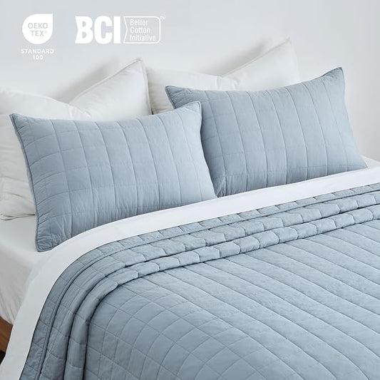 EVERGRACEHOME 100% Cotton Box Stitch Quilt Bedding Set Queen Size 3 Pieces, Garment-Washed Lightweight Soft Cozy Coverlet, Quilted Bedspread Sets with 2 Shams for All Season, Blue Linen
