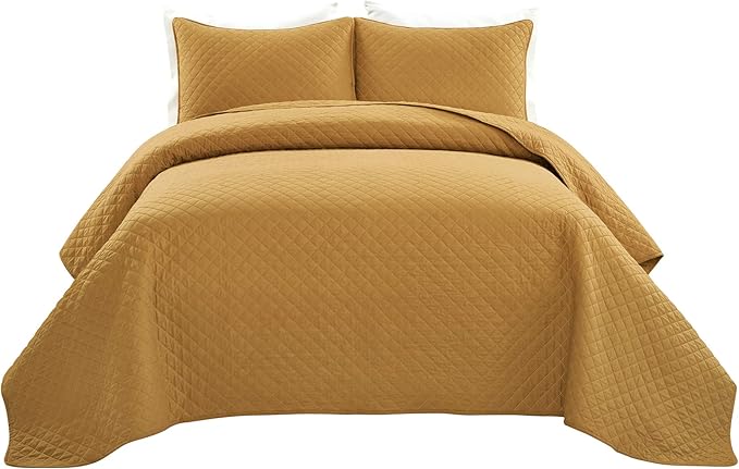 Lush Decor Ava Quilt Diamond Pattern Solid 3 Piece Oversized Bedding Blanket Bedspread Set - Full/Queen - Mustard