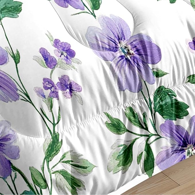 3Pcs Cottage Purple White Floral Comforter Set for All Seasons, Vintage Flowers Leaves Bedding Set King Size for Girls Adults with 1 Comforter (104" x 90"), 2 Pillowcases