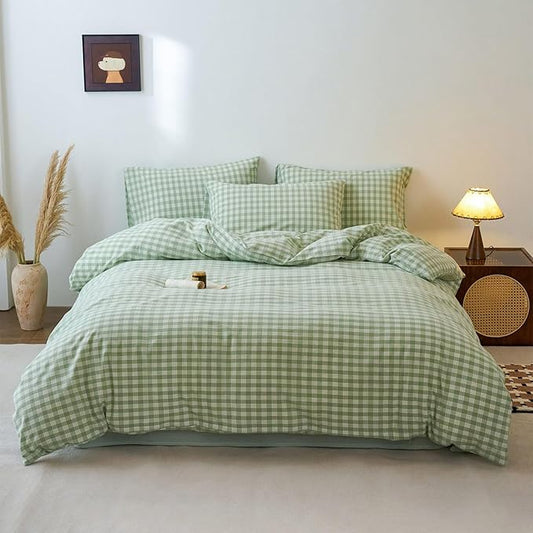Green Gingham Twin Bed Duvet Cover Washed Cotton Boho Comforter Cover Twin Size Soft Cute Farmhouse Plaid Duvet Cover Set with Hidden Zipper Chic Teen Bedding Set Checkered Duvet Protector