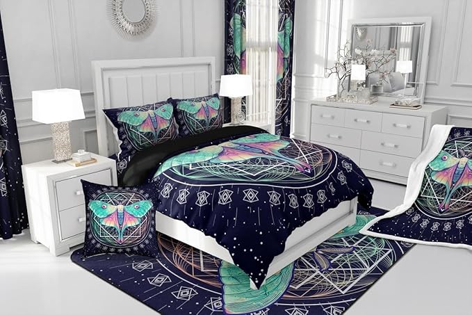 Erosebridal Moth Comforter Butterfly Bedding Set Queen Size Gothic Decor Down Comforter Geometric Comforter Set Halloween Duvet Set for Kids Boys Girls Teens Room Dorm Decorative, Navy Blue