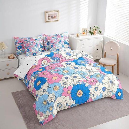 Groovy Flowers Comforter Set Bed in a Bag 7 Pieces King,Red Hippie Flowers 70s 80s Floral Bedding Set,Blue Pink Daisy Botanical (Comforter+Fitted+Flat Sheet+2 Pillowcases+2 Throw Pillow Covers)
