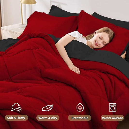FUANNA 7 Pieces California King Size Comforter Set, All Season Bed in a Bag Cal King Size, Luxury Soft Bedding Sets with Comforter, Flat Sheet, Fitted Sheet, Pillowcases & Pillow Shams, Red & Black