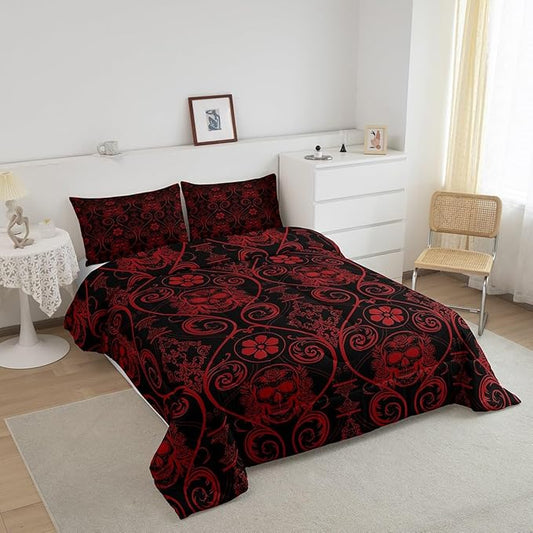 Feelyou Adults Red Vintage Damask Floral Comforter Set Oriental Antique Comforter Queen Size Exotic Sugar Skull Rose Bedding Set Gothic Bohemia Boho Duvet Set Quilt Set 3Pcs