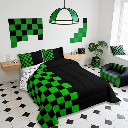 Geometric Plaid Kids Bedding Set Queen Size,Patchwork Grid Video Games Comforter Set,Simple Lattice Abstract Quilt Comforter,Black & Green Bedroom Duvet Insert,2 Pillowcases