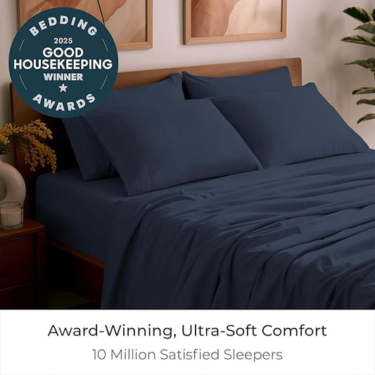 Mellanni Full Sheet Set - 6-Piece Iconic Collection Bedding, (Including 4 Pillowcases), 21-Inch Extra Deep Pocket, Easy Care, Ultra Soft, Cooling Sheets, Brushed Microfiber - Navy Blue
