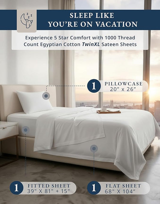 LANE LINEN 100% Egyptian Cotton Extra Long Twin Sheets - 1000 Thread Count, Soft & Comfy No Pill Fade Resistant Twin XL Sheet Sets Perfect for Hospital Beds and Dorm Room, 15" Deep Pocket - White