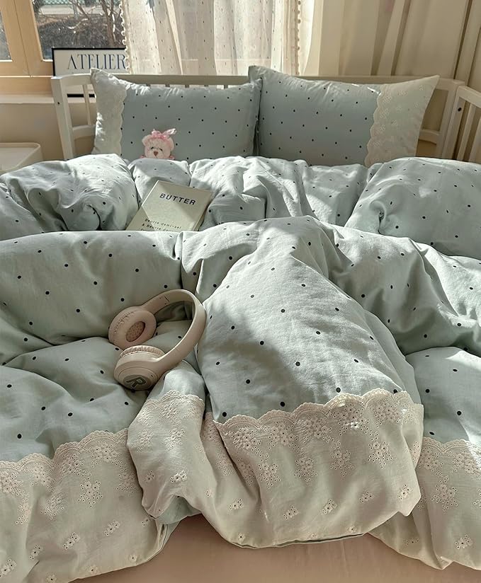 VM VOUGEMARKET Full Comforter Set 3 Pieces Romantic Lace Bedding Set Cute Black Polka Dots Comforter/Quilt for Teen Girls Students,Sage Green,80"x90"
