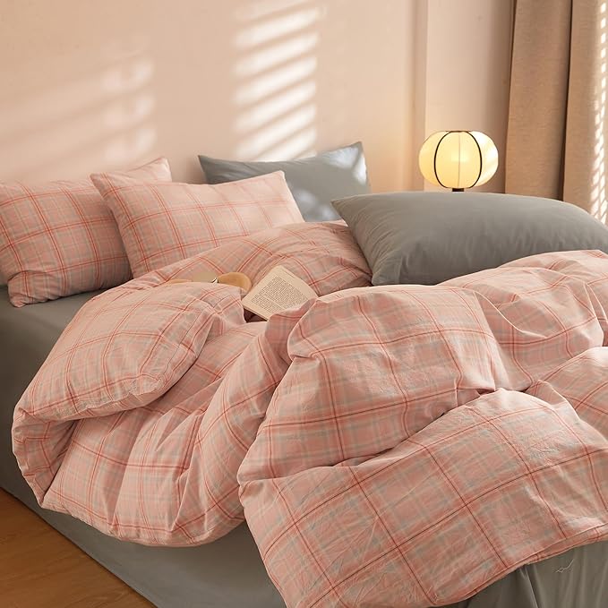 Plaid Comforter Full Size Down Alternative Washed Cotton Bedding Set Fluffy Cute Super Soft Boho Bedding Comforter Sets Machine Washable Cozy Puffy Chic Bed Comforter with 2 Pillowcases