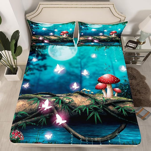 Red Mushroom Fitted Sheet Set with 2 Pillowcase,Moon Night Sky Jungle Bed Sheet for Boys Girls Bedroom,Magical Butterfly Cartoon Plant Top Flat Sheet Luxury Microfiber,Queen Size