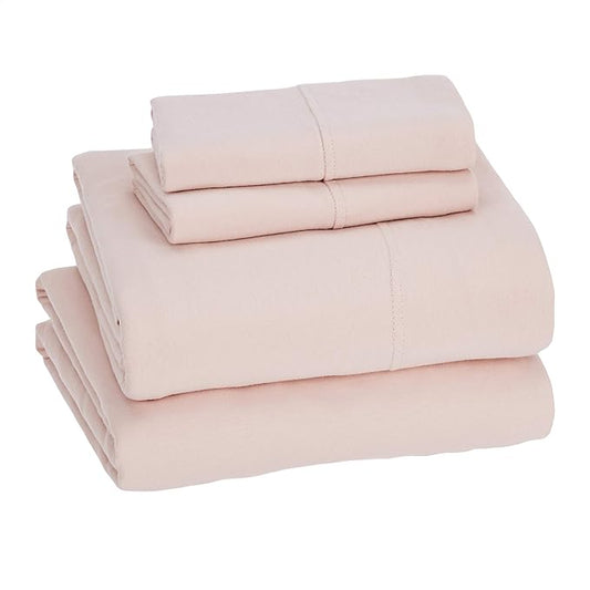 Amazon Basics 4 Piece Breathable, Stretchy Jersey Knit 100% Cotton Bed Sheet Set, Includes Flat and Fitted Sheets, Pillowcase, Full, Blush