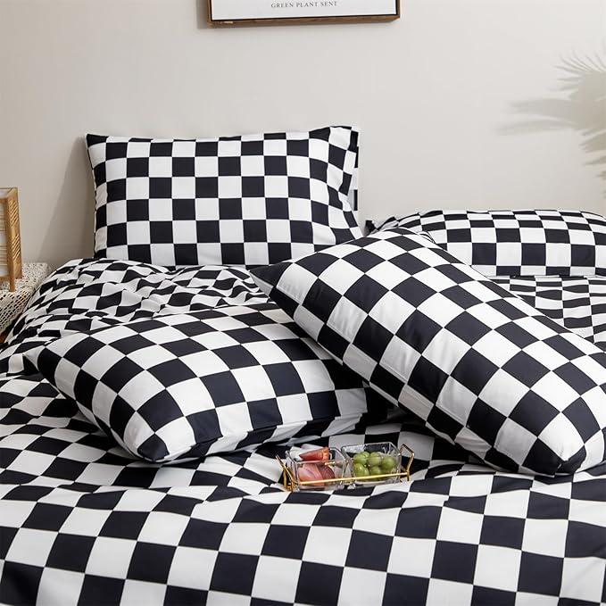 CLOTHKNOW Black White Plaid Comforter Full Size Set Grid Bedding Comforter Sets Soft Checkered Comforter with 2 x Pillow Cases