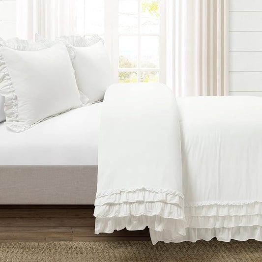 Lush Decor Ella Ruffle Lace 100% Cotton Duvet Cover, 3 Piece Set, Full/Queen, White - Cute Comforter - Queen Bedding Set - White Bedding Full Size - Coquette Decor - Neutral Lace Trim - Ruffle Trim