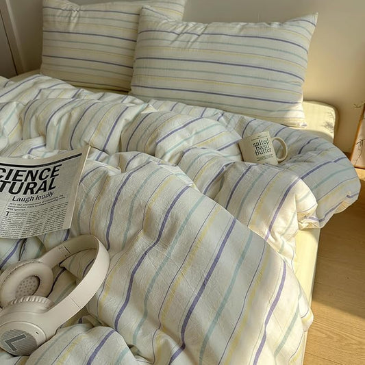 EAVD Vintage Colorful Striped Comforter Set King Soft Cotton 3-Piece Retro Vertical Striped Bedding Set with 2 Pillowcases Boho Geometric Comforter Set for All-Season(Purple&Yellow&Blue, King)