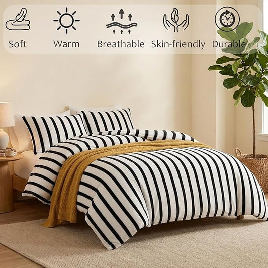 Bedbay Striped Comforter Set Fluffy Fleece King Size Comforter Set Black White Striped Bedding 3 Pcs Ultra Soft Plush Flannel Velvet Fuzzy Bedding Set Stripes Pattern Queen Bed Set for All Seasons