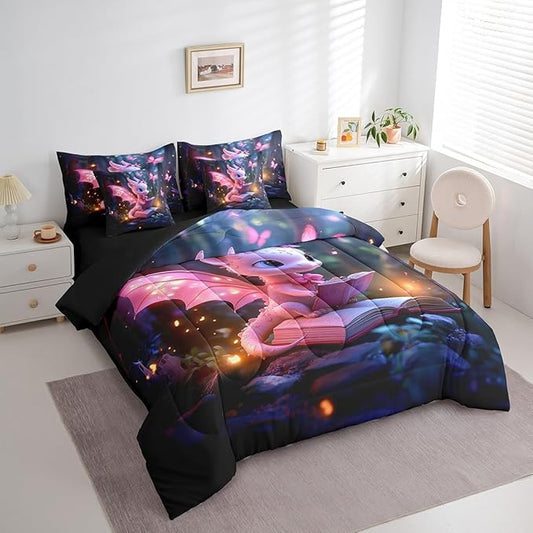 Castle Fairy 3D Western Dragon Comforter Set for Room Decor,Magical Jungle Animal Bedding Set King Size 7 Pcs,Sparkling Pink Butterfly Bed in a Bag with Comforter, Sheets, Pillowcases & Cushion Cover