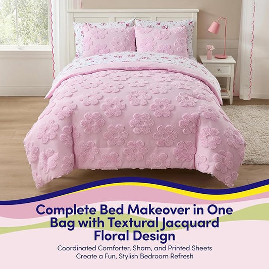Kids Full Size Bed in a Bag Tufted Comforter & Sheet Set – Complete Bedding Set with Corner Strap Fitted Sheet, Ultra Soft Lightweight All Season Comforter, Girls Bedroom, Dorm, Guest Room