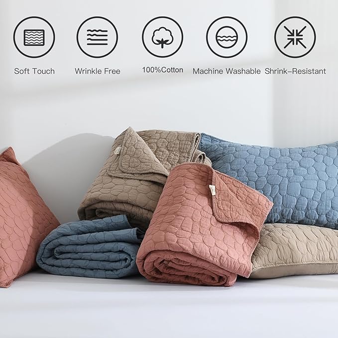 HORIMOTE HOME 100% Cotton Quilt Set King Size, Cameo Rose Pre-Washed Bedspreads Coverlet Set with Cobblestone Pattern, Cozy Lightweight Stitching Decorative Bedding Cover for All Seasons