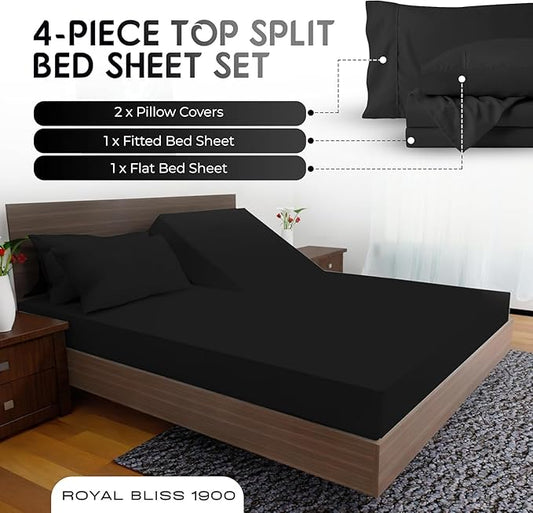 Top Split Flex Head King Size Sheet Set - Egyptian Quality Ultra-Soft Bed Sheets | Double Brushed | Deep Pockets- Easy Fit - 4 Piece Set- Fade Resistant (Black)