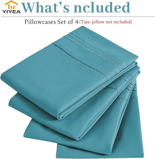 YIYEA Pillow Cases Standard Size Set of 4, Ultra Soft 1800TC Hotel Quality Double Brushed Microfiber Embroidered Pillowcases, Envelope Closure, Fade Resistant (20"x26", Teal)