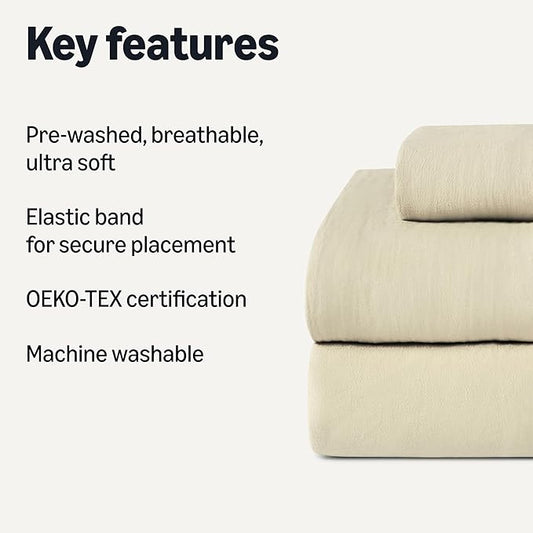 Amazon Basics Twin Bed Sheet, 3-Piece Bedding Set, Double Brushed Microfiber, Ultra Soft, Easy Care, Beige