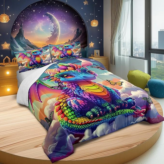 Castle Fairy Colorful Dragon Bedding Set King Size Fancy Western Animal Comforter Set for Girls Boys Teens Room Decor Wild Butterfly Down Comforter Sunny Sky Clouds Quilt Set with 2 Pillowcases