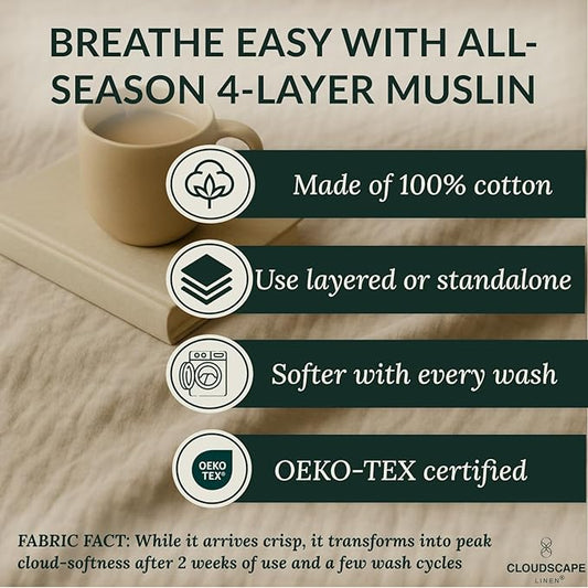 CLOUDSCAPE 100% Cotton Muslin Throw Blanket for Adults - 4 Layer 50x70 Oversized Breathable Gauze Bedding, All Season Spring Gifting, Cozy Lightweight Throw for Sofa, Couch, Home Decor - Fog